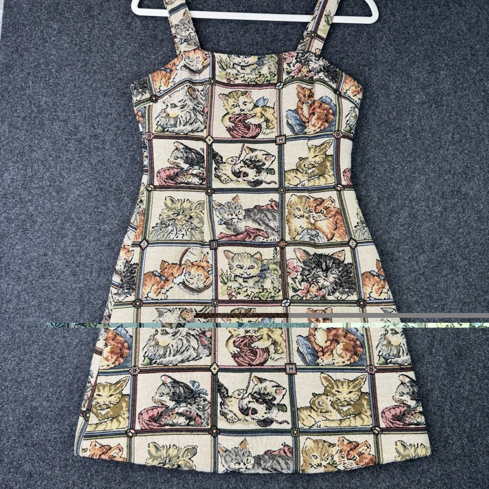 CIDER Cat Tapestry Mini Dress Womens S Cottagecore Square Neck Sleeveless